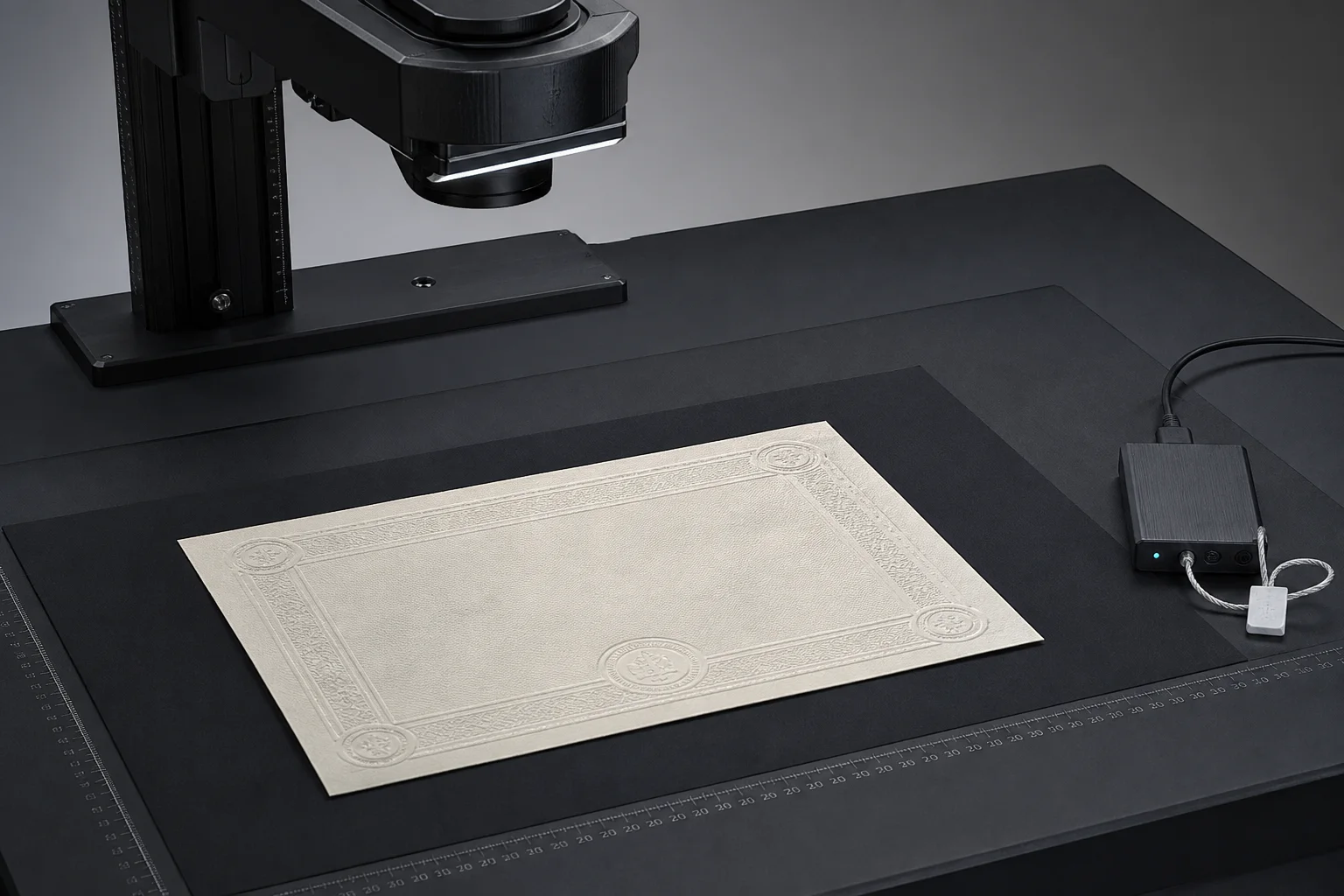 A precision scanner verifying the seal of a physical certificate